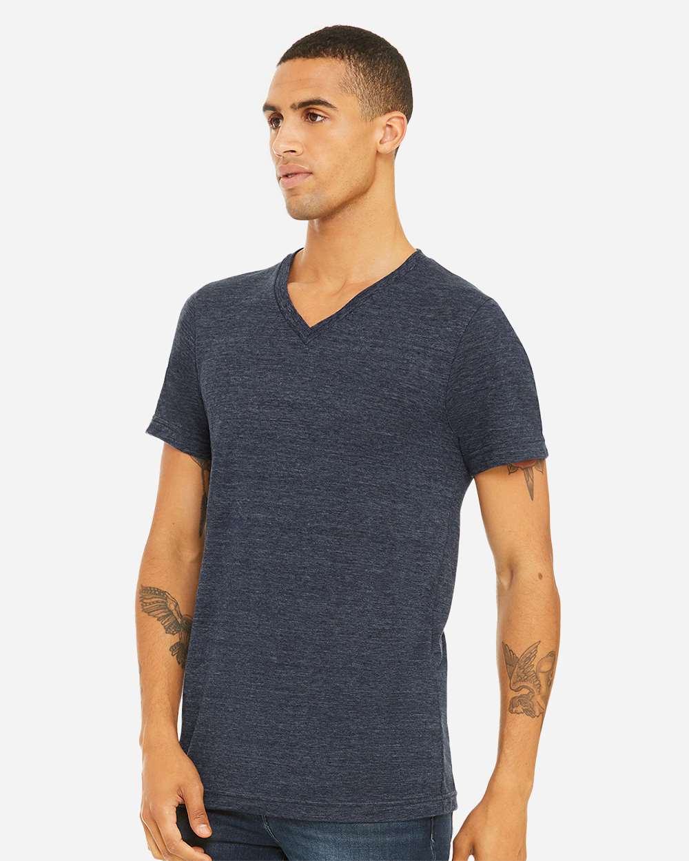 Unisex Textured Jersey V-Neck Tee - OnModelSide - B03406652 - Navy Slub