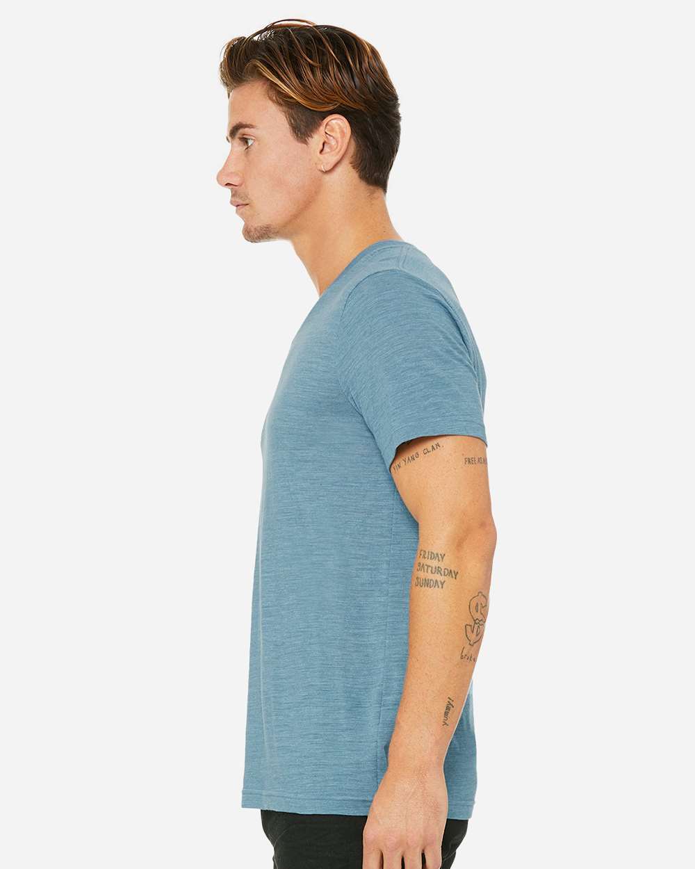 Unisex Textured Jersey V-Neck Tee - OnModelSide - B03406982 - Denim Slub