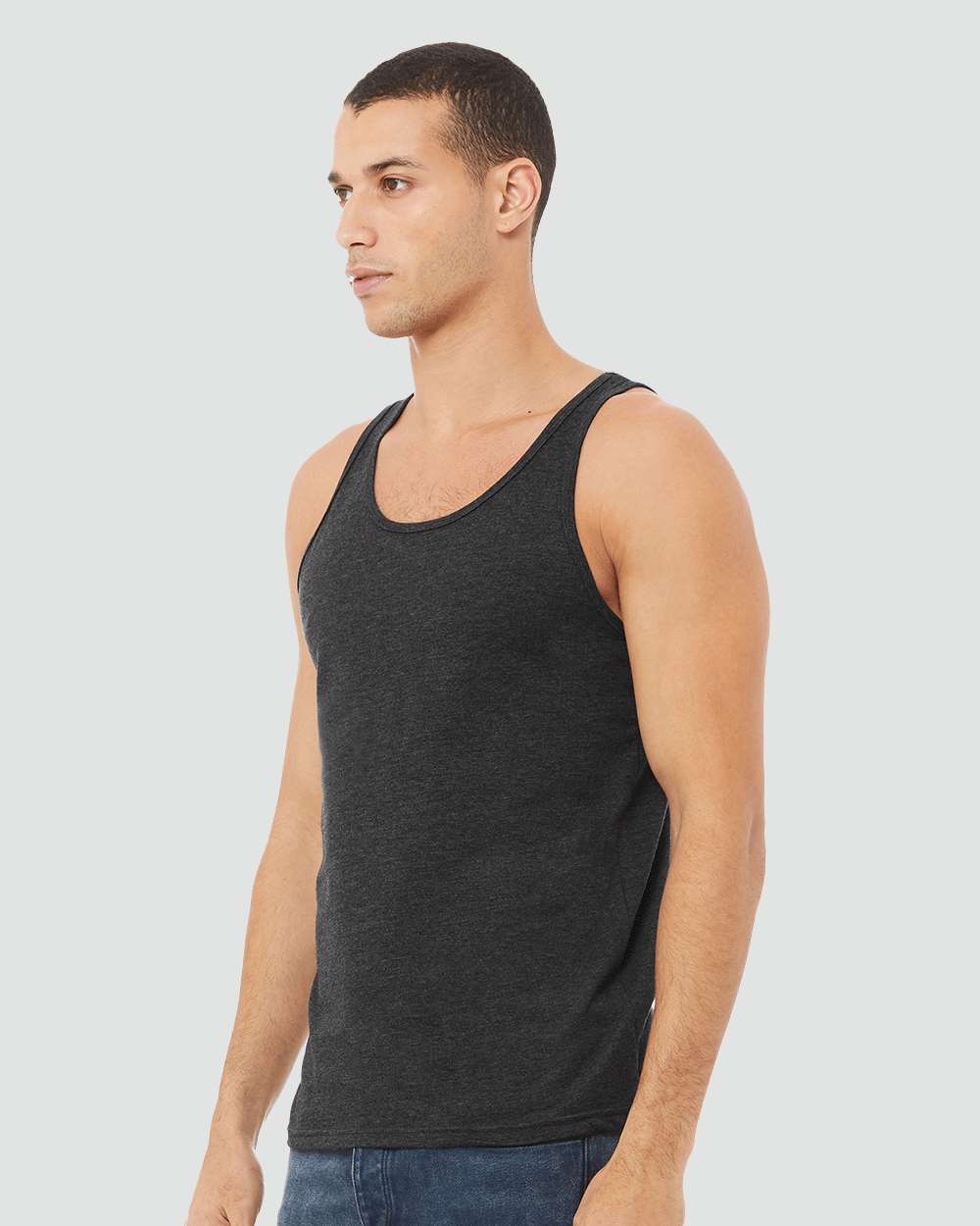 Unisex Heather CVC Tank - OnModelSide - B00006092 - Dark Grey Heather