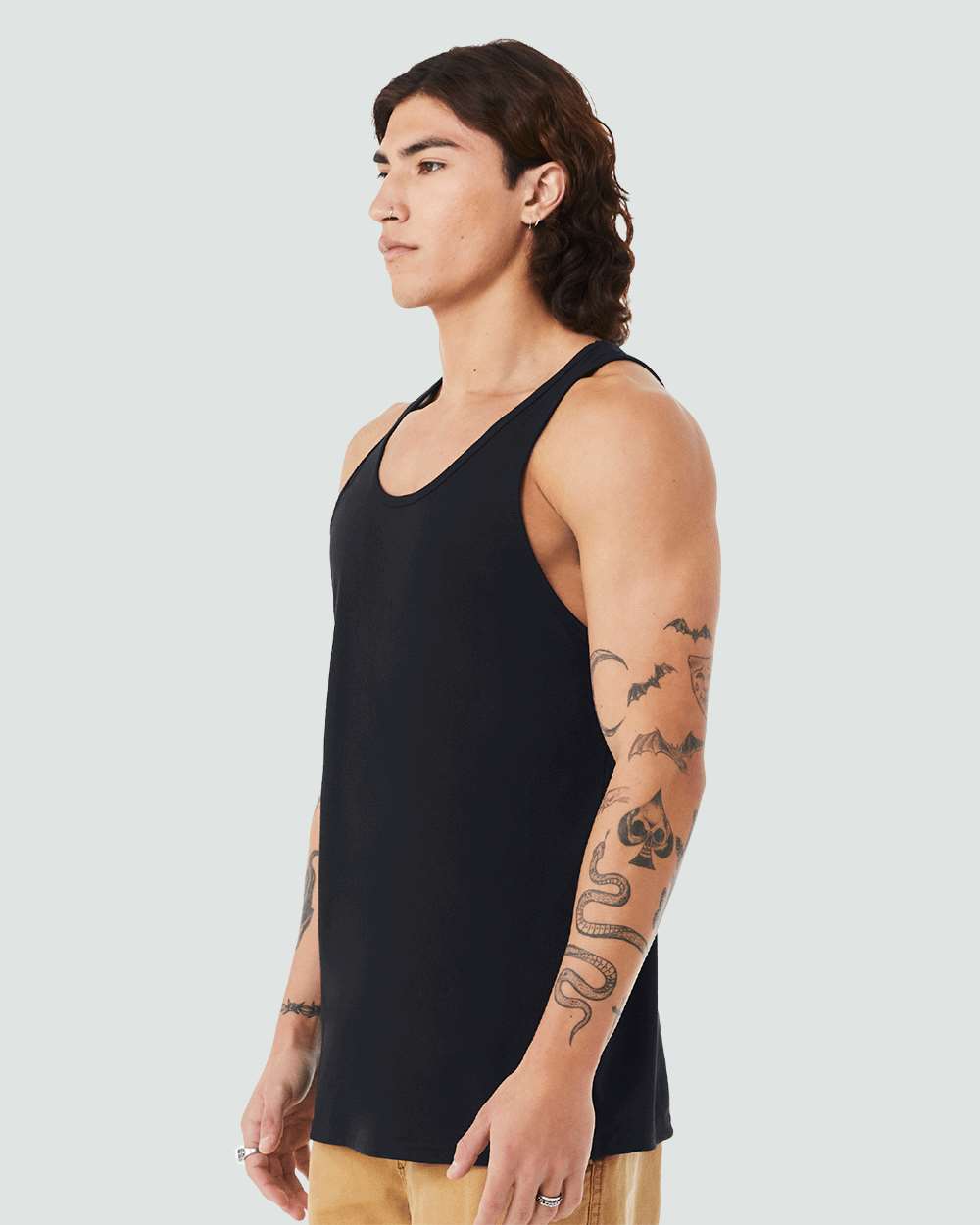 Unisex Heather CVC Tank - OnModelSide - B00006512 - Solid Black Blend