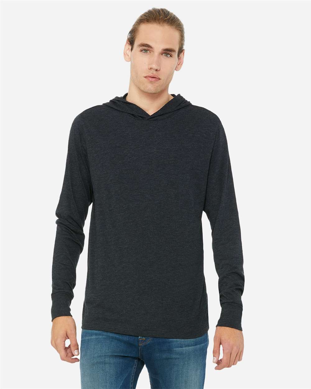 Unisex Jersey Hooded Long Sleeve Tee - OnModelFront - B82006102 - Charcoal Black Triblend