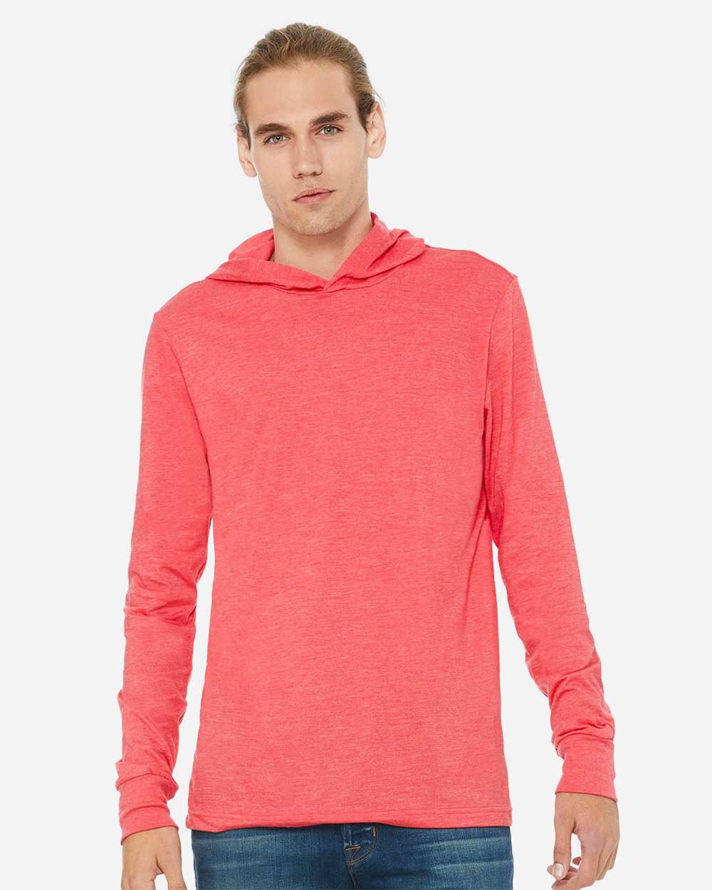 Unisex Jersey Hooded Long Sleeve Tee - OnModelFront - B82006712 - Heather Red