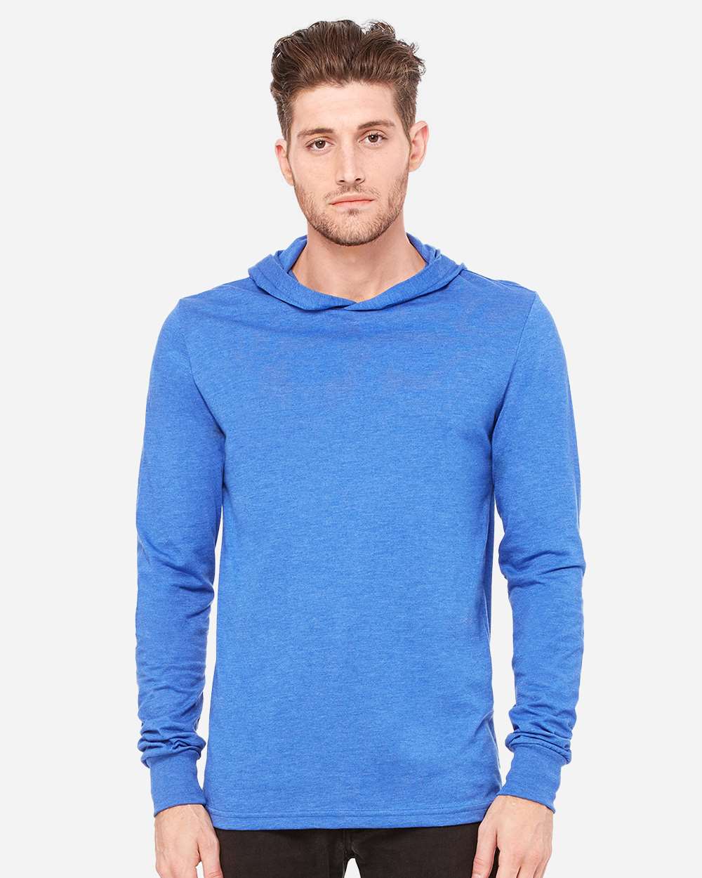 Unisex Jersey Hooded Long Sleeve Tee - OnModelFront - B82006742 - Heather True Royal