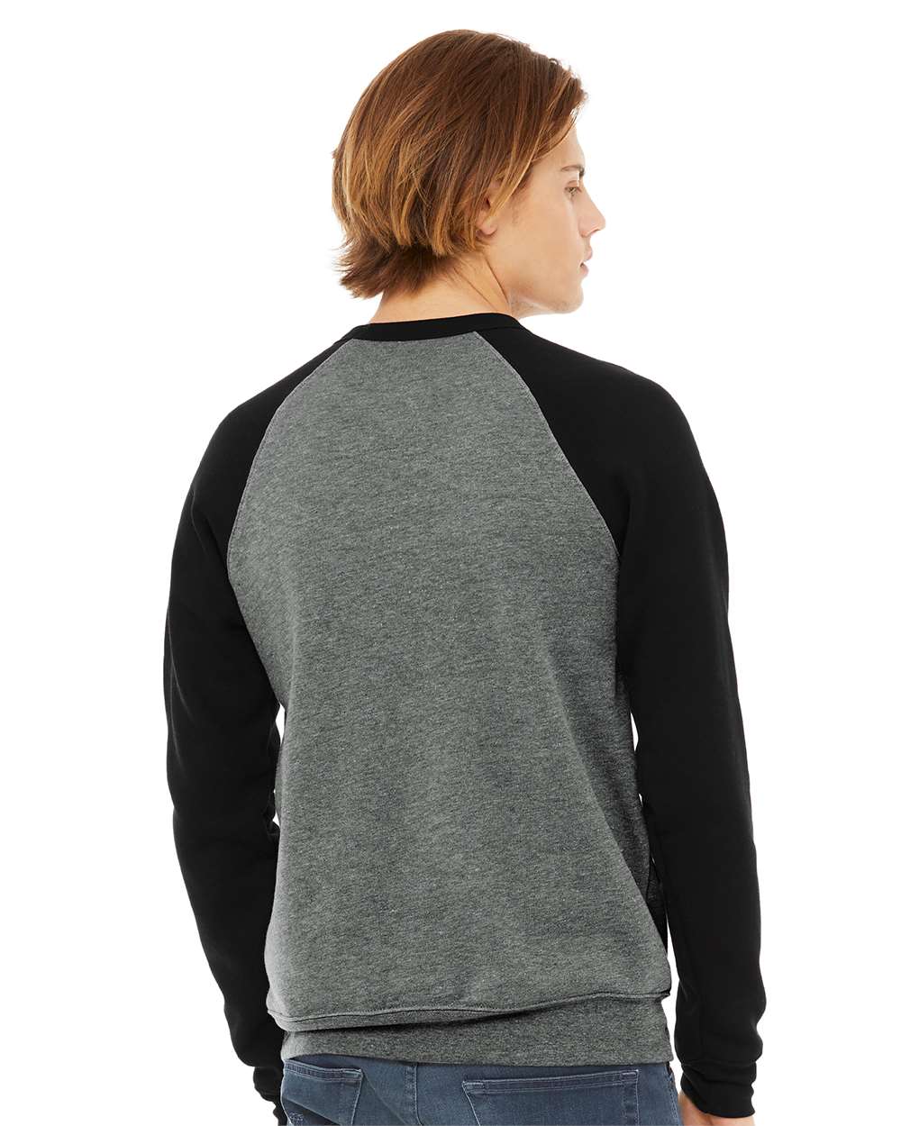 Unisex Sponge Fleece Raglan Crewneck Sweatshirt - OnModelBack - B85106093 - Deep Heather/ Black