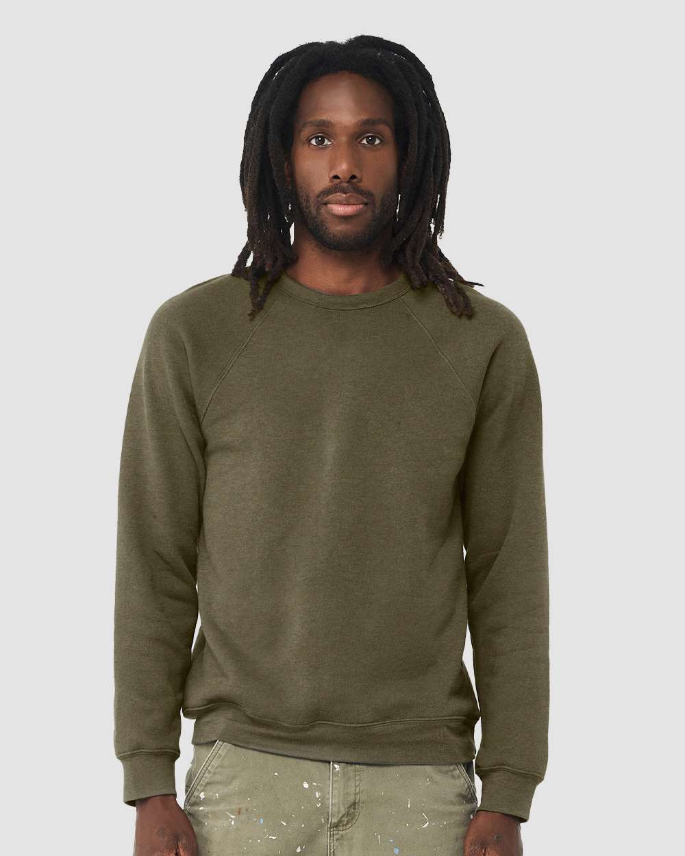 Unisex Sponge Fleece Raglan Crewneck Sweatshirt - OnModelFront - B85106032 - Heather Olive