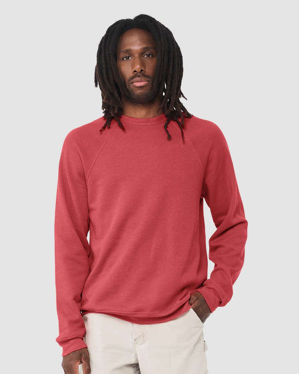 Unisex Sponge Fleece Raglan Crewneck Sweatshirt - OnModelFront - B85106042 - Heather Red