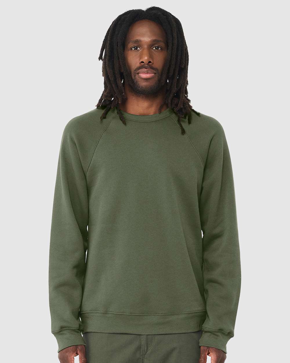 Unisex Sponge Fleece Raglan Crewneck Sweatshirt - OnModelFront - B85106082 - Military Green