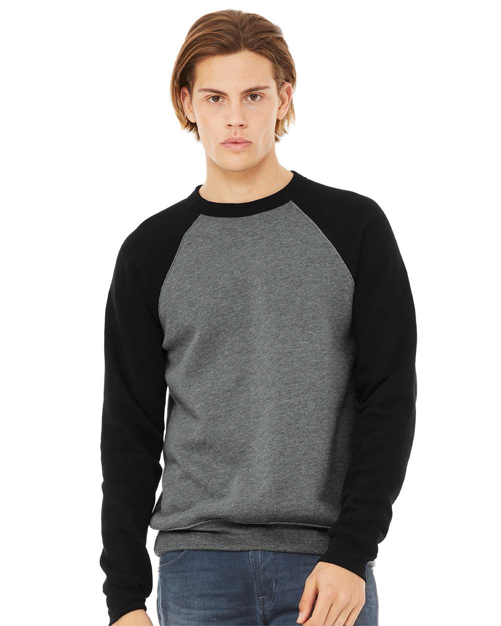 Unisex Sponge Fleece Raglan Crewneck Sweatshirt - OnModelFront - B85106093 - Deep Heather/ Black