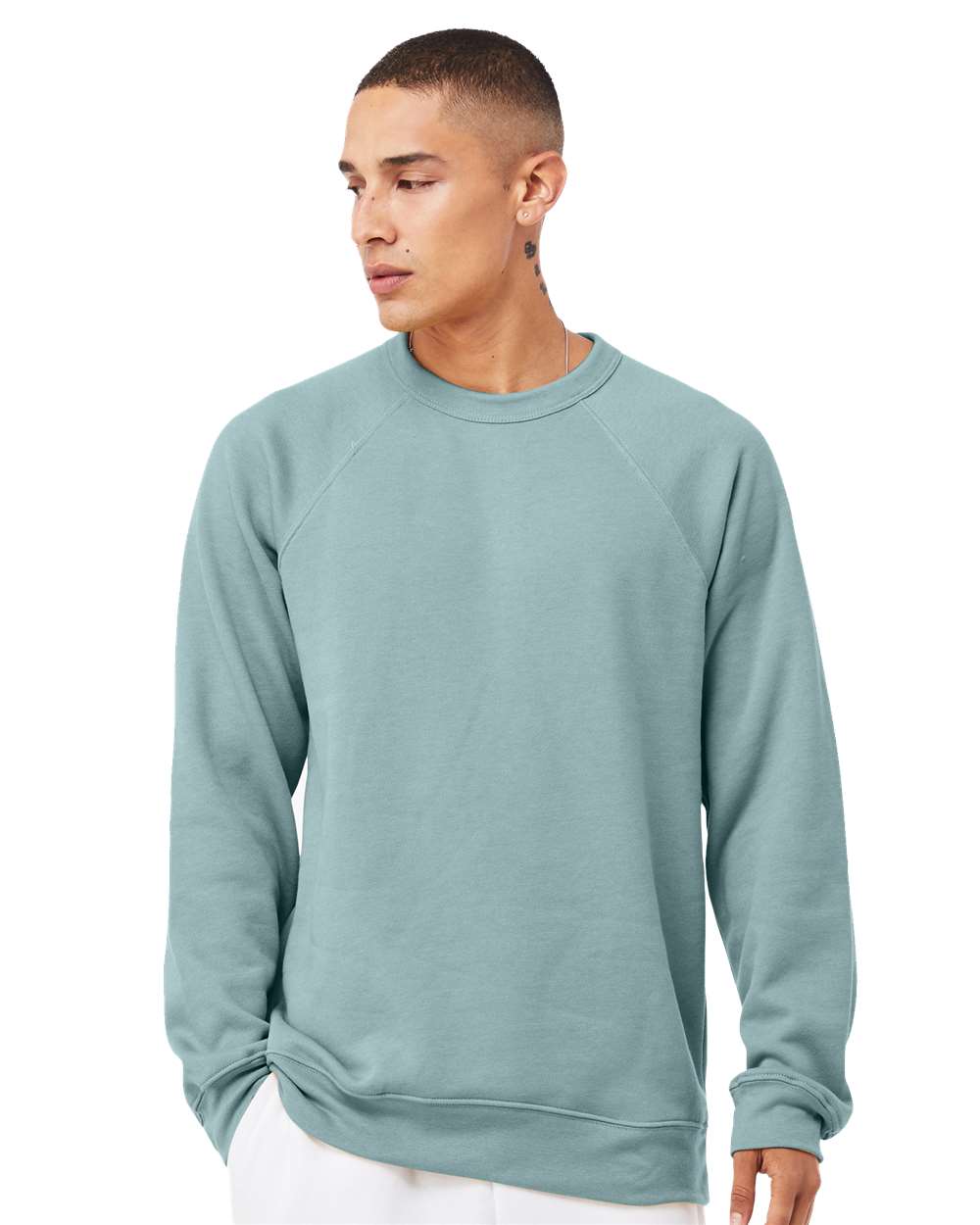 Unisex Sponge Fleece Raglan Crewneck Sweatshirt - OnModelFront - B85106262 - Heather Blue Lagoon