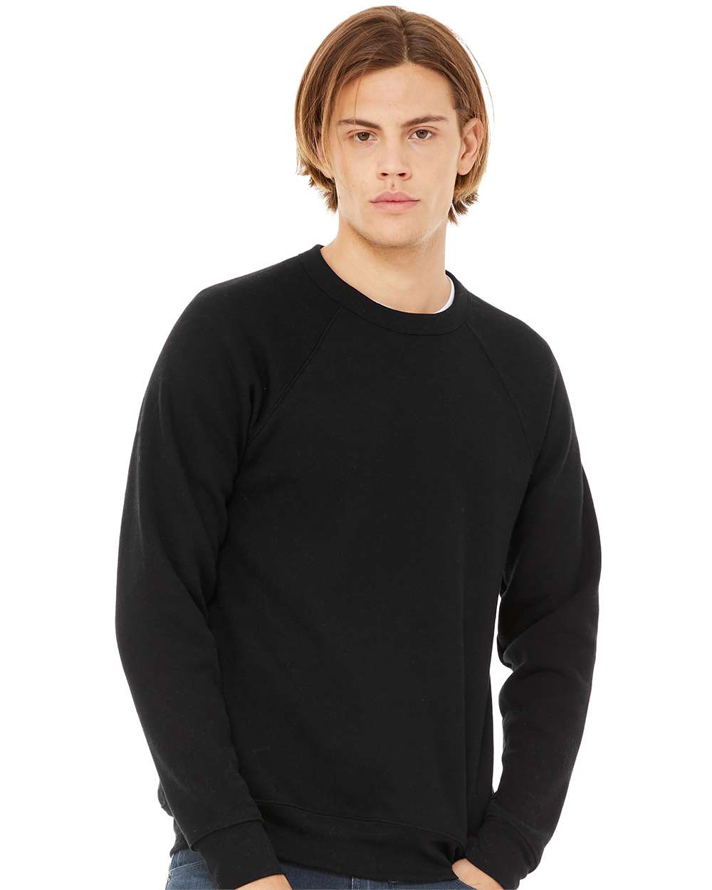 Unisex Sponge Fleece Raglan Crewneck Sweatshirt - OnModelFront - B85106492 - Black