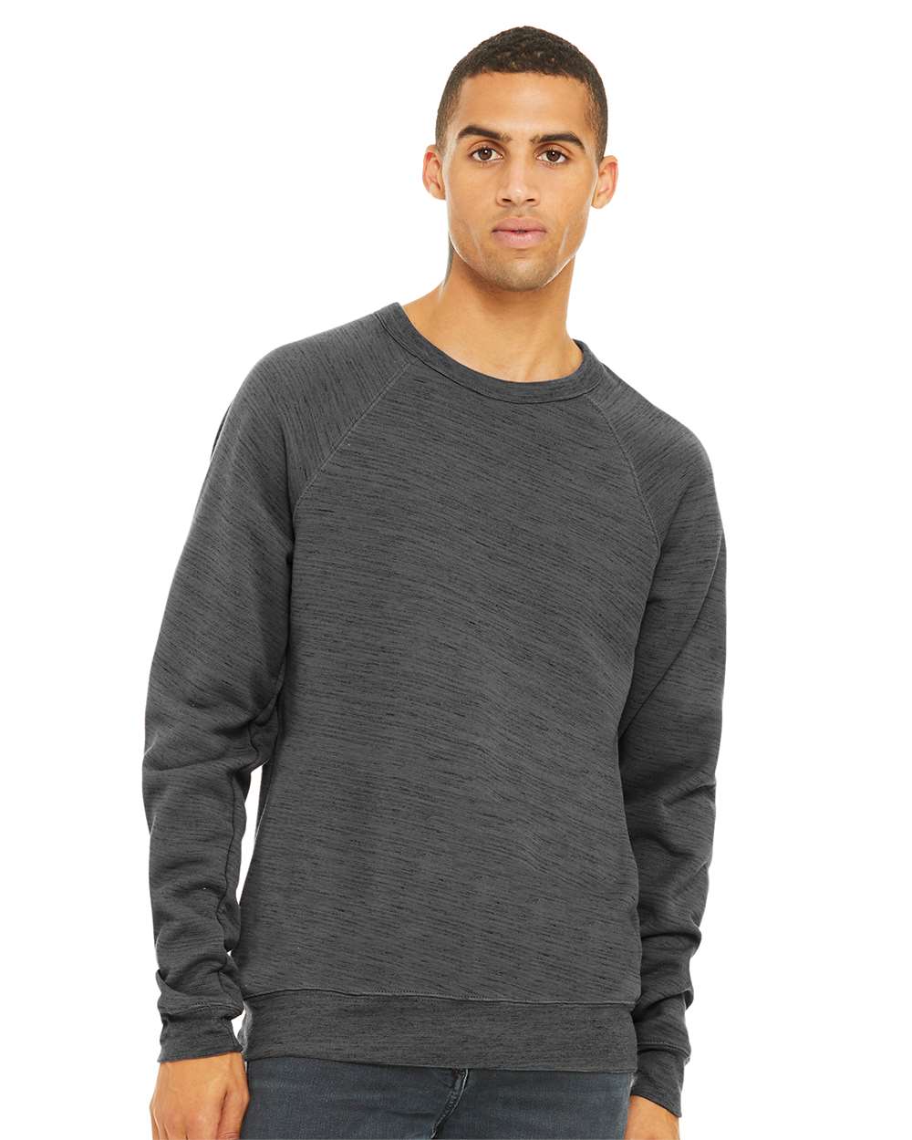 Unisex Sponge Fleece Raglan Crewneck Sweatshirt - OnModelFront - B85106512 - Dark Grey Marble