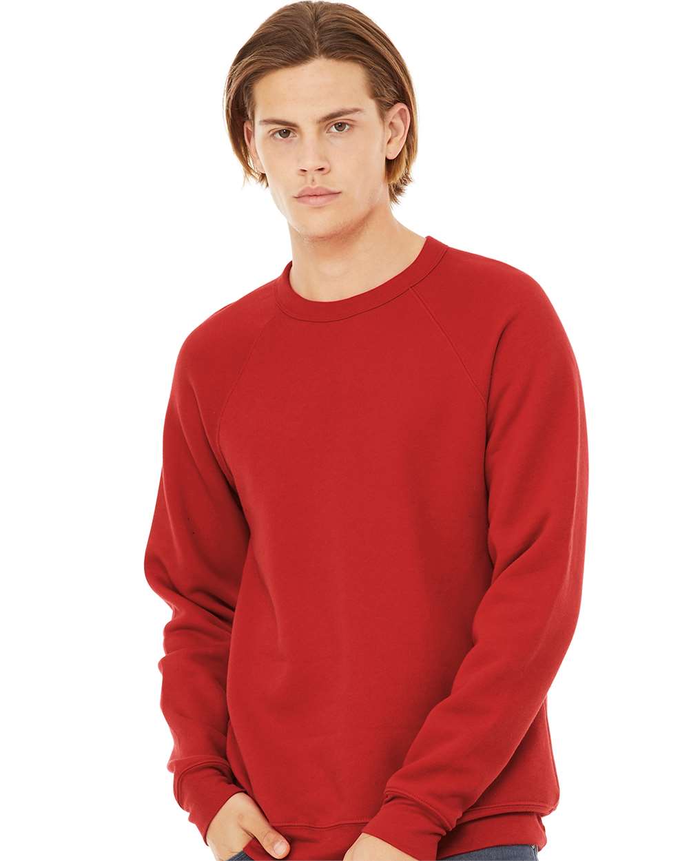 Unisex Sponge Fleece Raglan Crewneck Sweatshirt - OnModelFront - B85106622 - Red