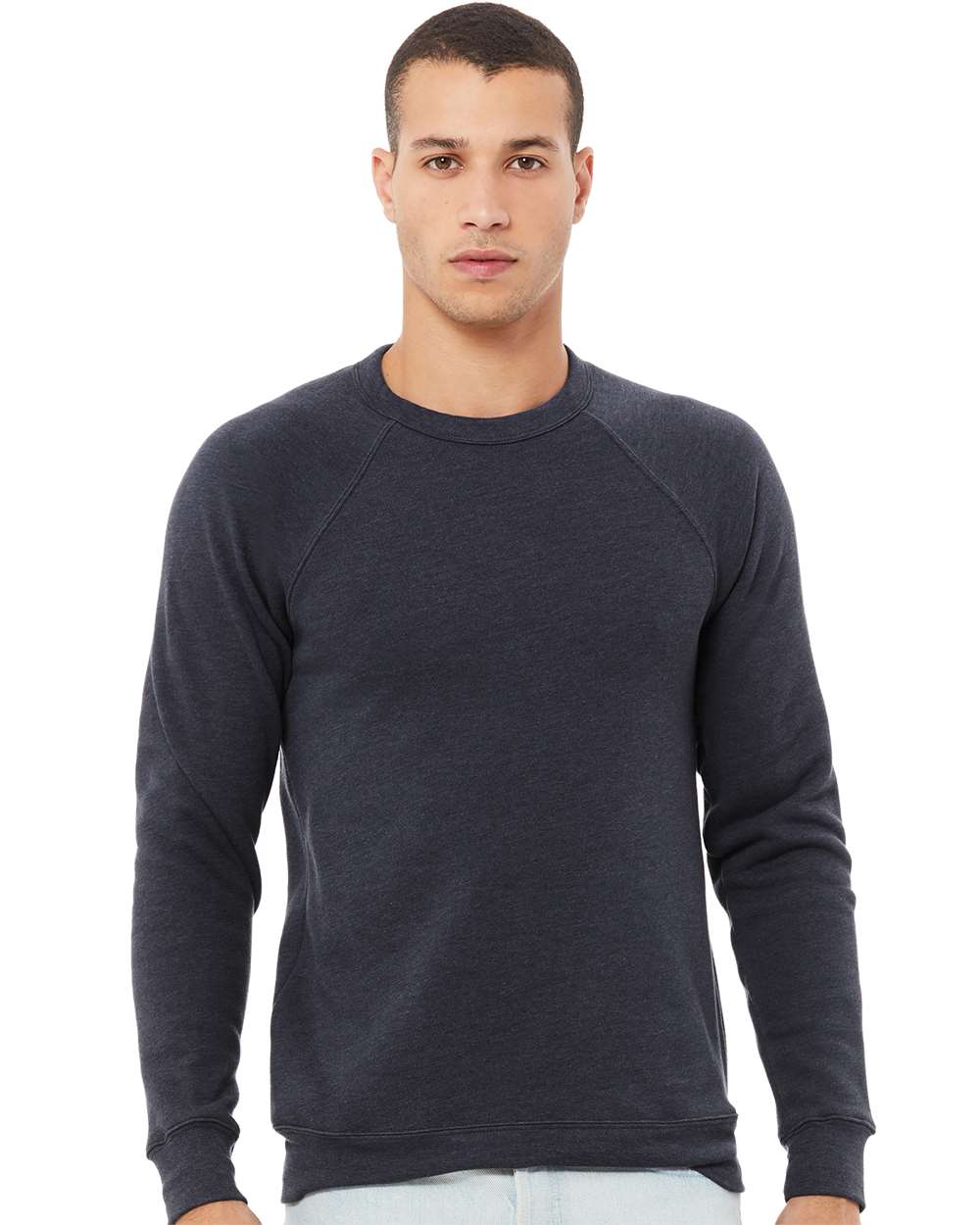 Unisex Sponge Fleece Raglan Crewneck Sweatshirt - OnModelFront - B85106632 - Heather Navy