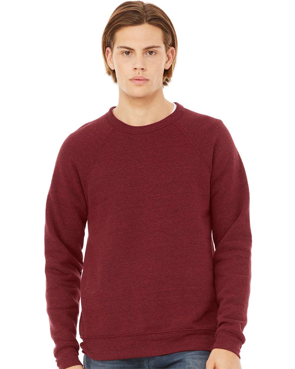 Unisex Sponge Fleece Raglan Crewneck Sweatshirt - OnModelFront - B85106702 - Cardinal Triblend