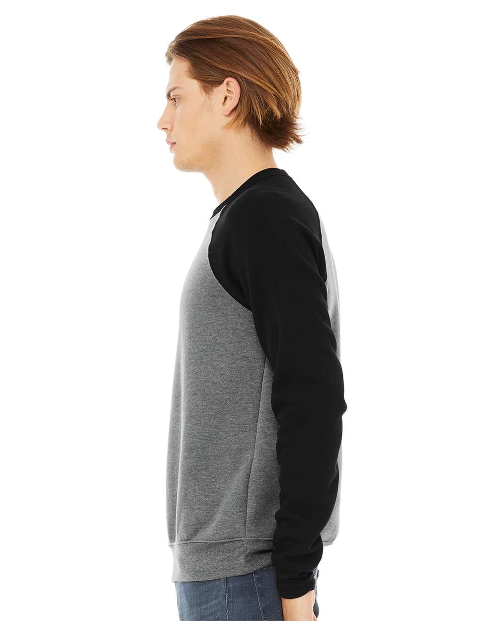 Unisex Sponge Fleece Raglan Crewneck Sweatshirt - OnModelSide - B85106093 - Deep Heather/ Black