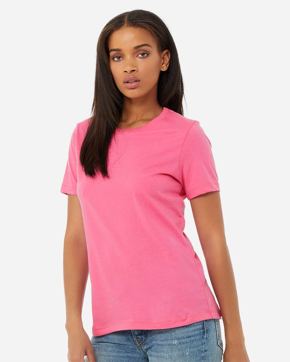 Women’s Relaxed Jersey Tee - OnModelSide - B86906313 - Charity Pink