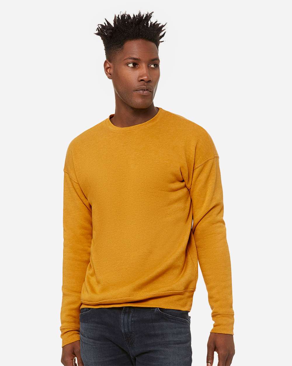 Unisex Sponge Fleece Drop Shoulder Crewneck Sweatshirt - OnModelFront - B37906402 - Heather Mustard