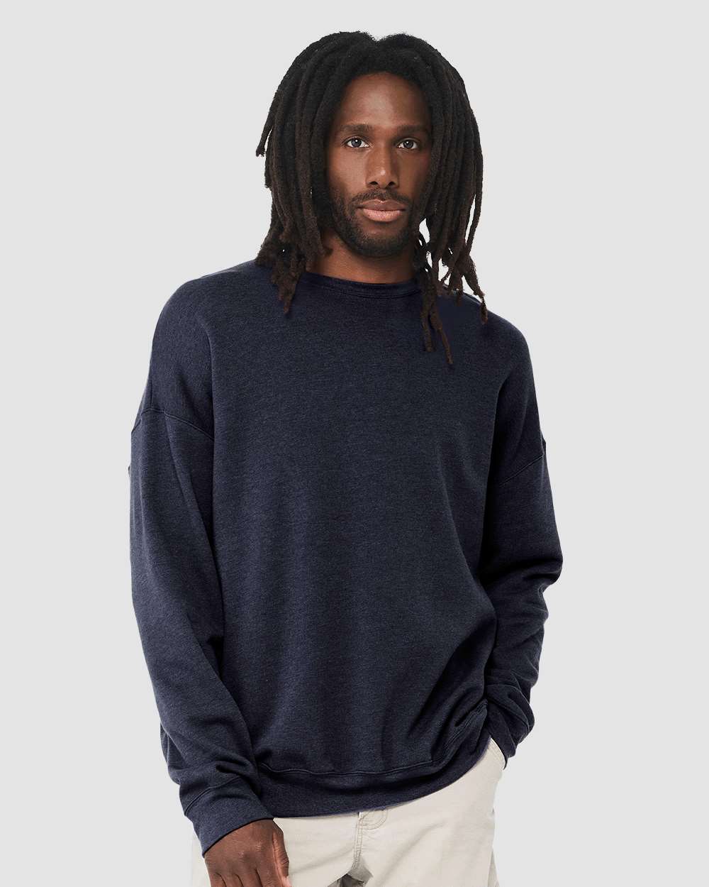 Unisex Sponge Fleece Drop Shoulder Crewneck Sweatshirt - OnModelFront - B37906692 - Heather Navy