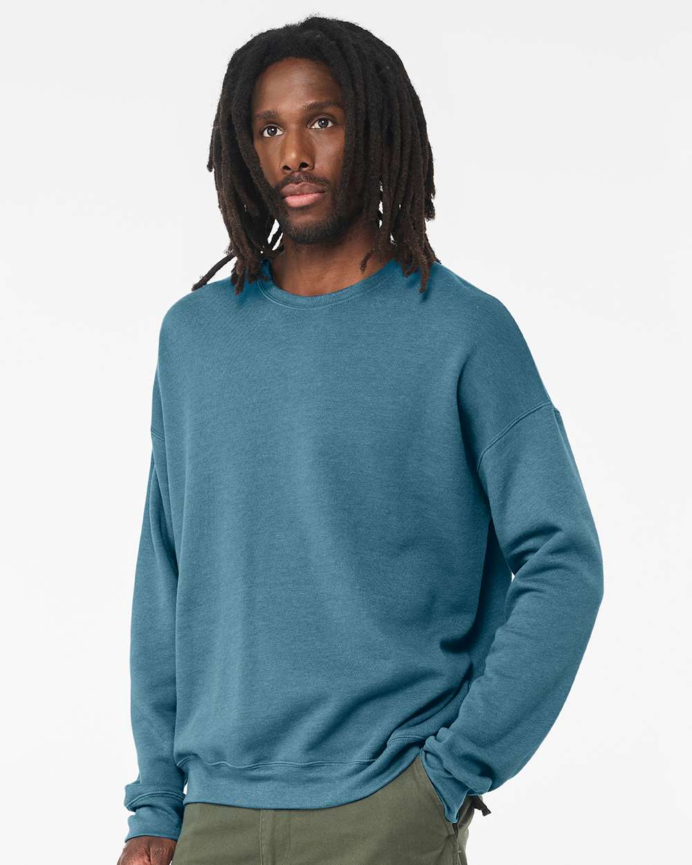 Unisex Sponge Fleece Drop Shoulder Crewneck Sweatshirt - OnModelSide - B37906032 - Heather Deep Teal