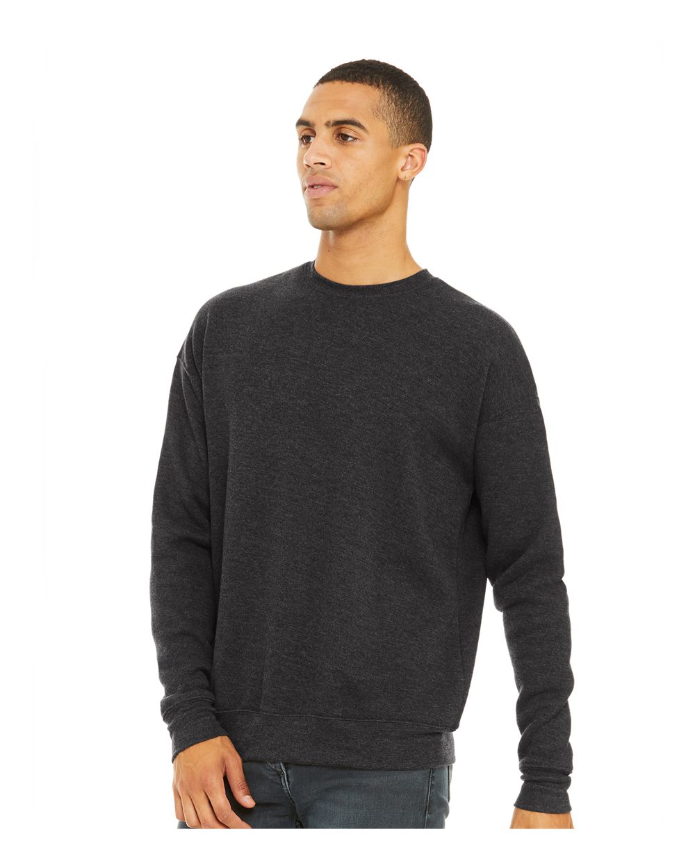 Unisex Sponge Fleece Drop Shoulder Crewneck Sweatshirt - OnModelSide - B37906092 - Dark Grey Heather