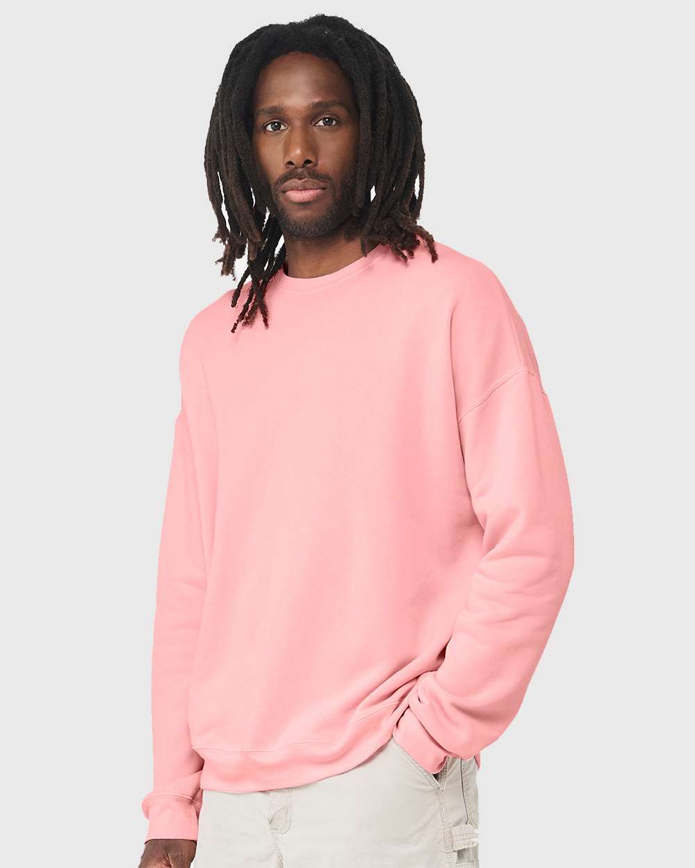 Unisex Sponge Fleece Drop Shoulder Crewneck Sweatshirt - OnModelSide - B37906302 - Pink