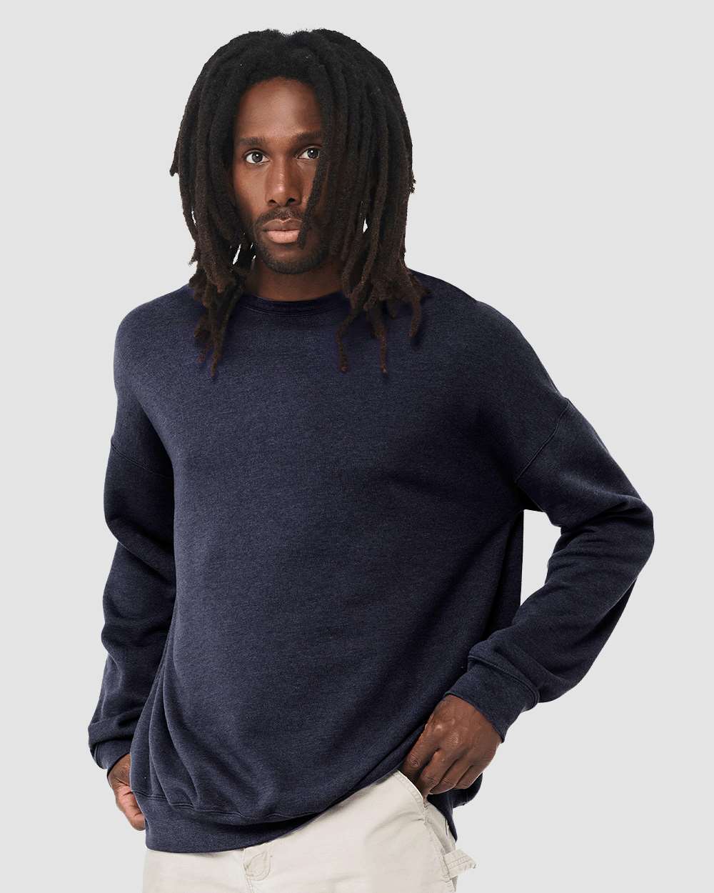 Unisex Sponge Fleece Drop Shoulder Crewneck Sweatshirt - OnModelSide - B37906692 - Heather Navy
