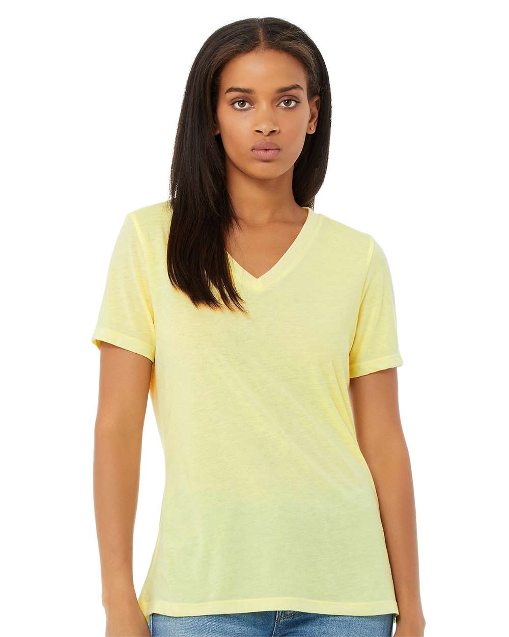 Women's Relaxed Triblend V-Neck Tee - OnModelFront - B81006143 - Pale Yellow Triblend