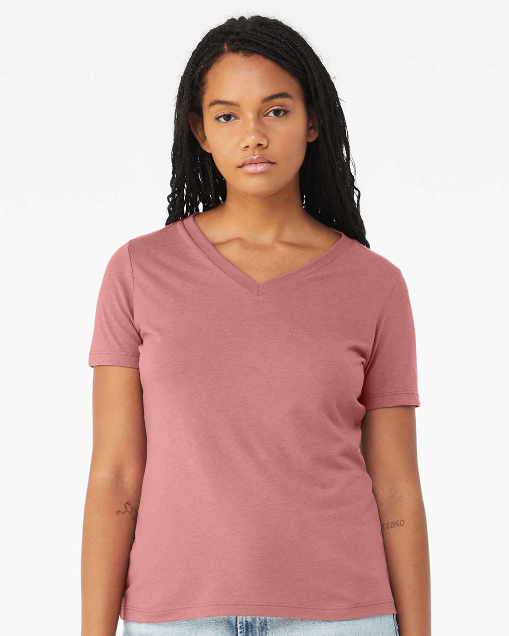 Women's Relaxed Triblend V-Neck Tee - OnModelFront - B81006323 - Mauve Triblend