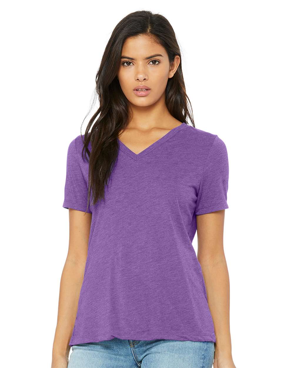 Women's Relaxed Triblend V-Neck Tee - OnModelFront - B81006673 - Purple Triblend