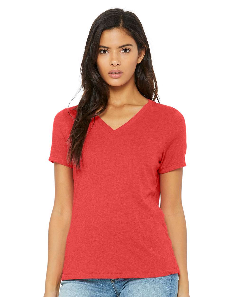 Women's Relaxed Triblend V-Neck Tee - OnModelFront - B81006703 - Red Triblend