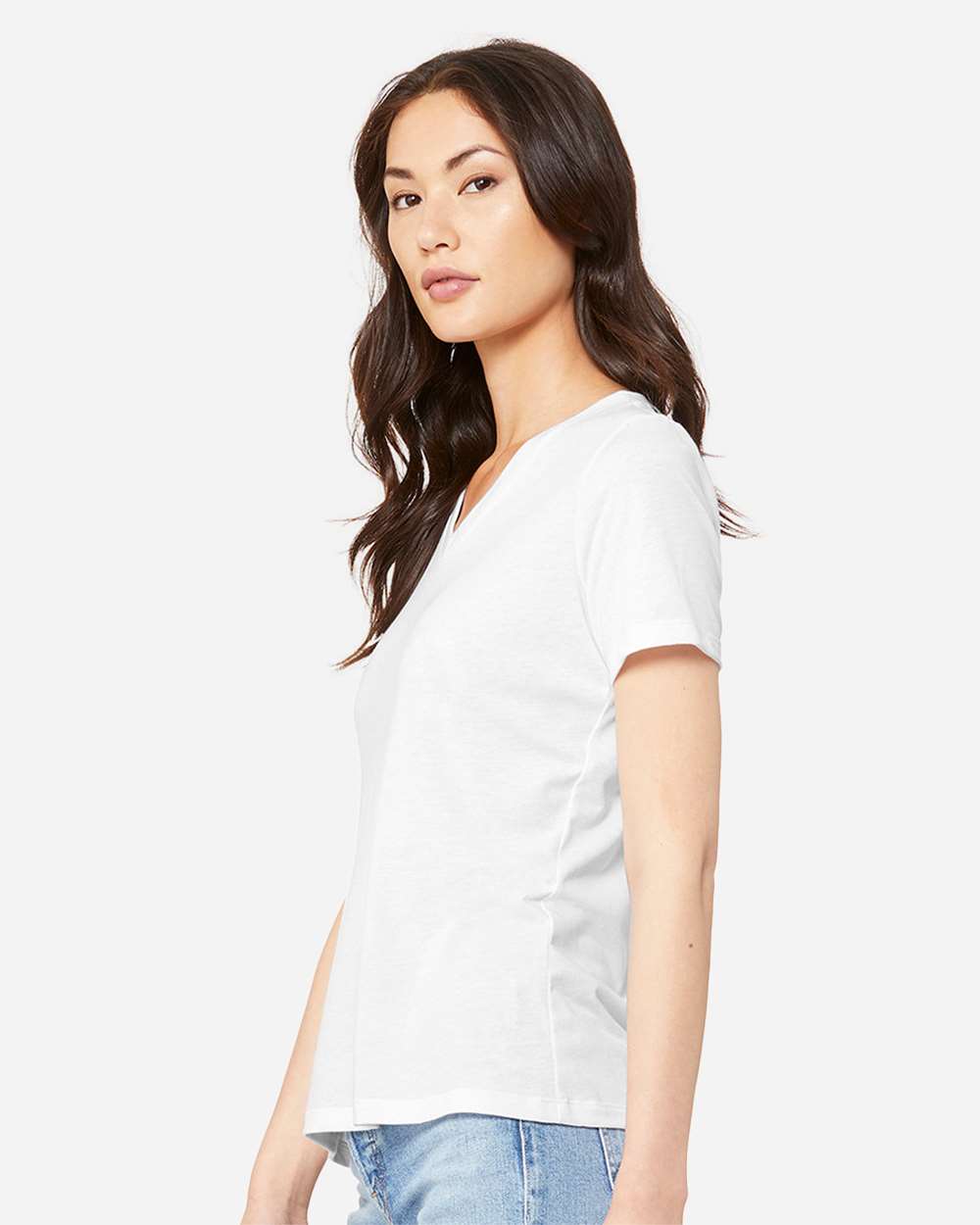 Women's Relaxed Triblend V-Neck Tee - OnModelSide - B81006003 - Solid White Triblend