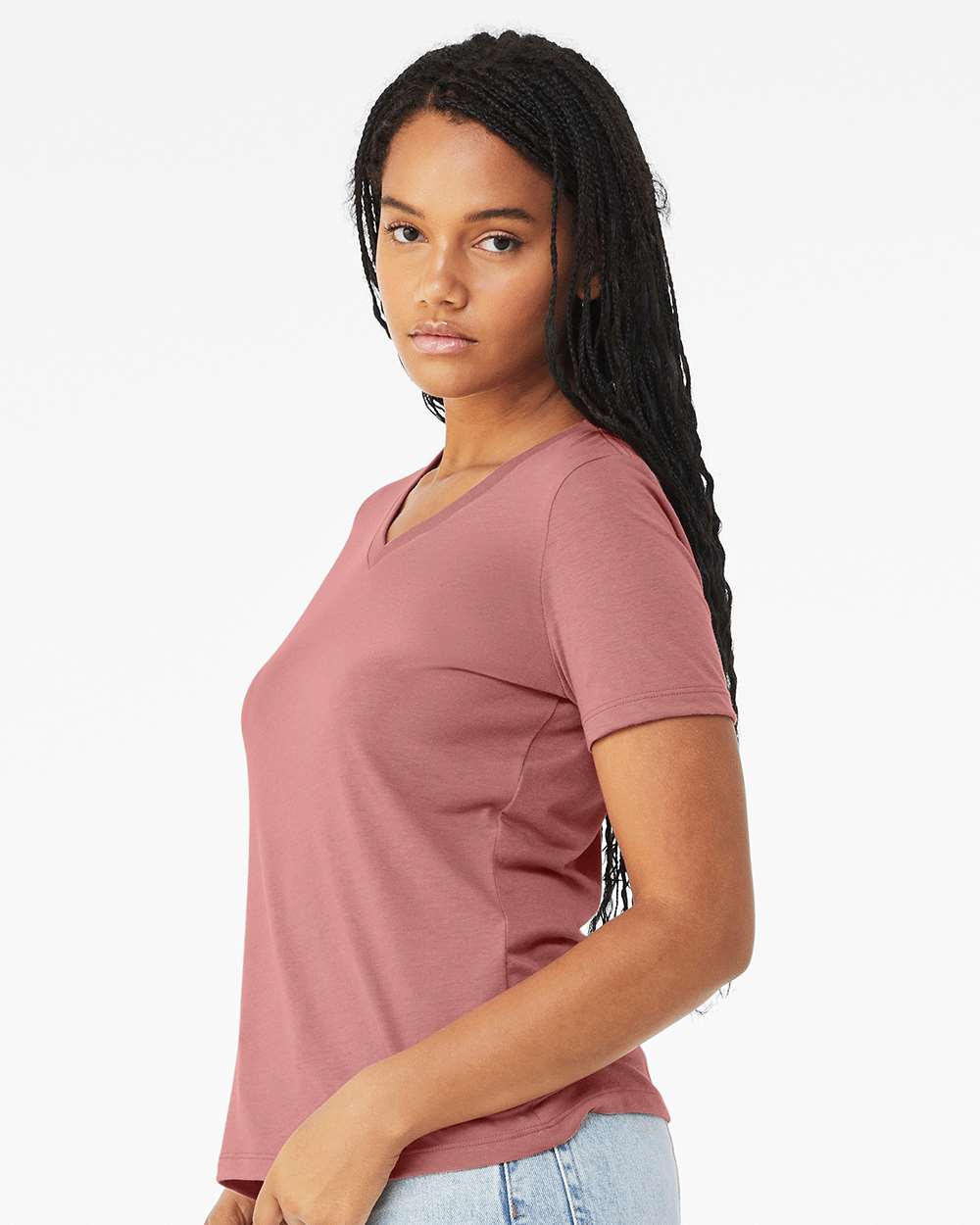 Women's Relaxed Triblend V-Neck Tee - OnModelSide - B81006323 - Mauve Triblend