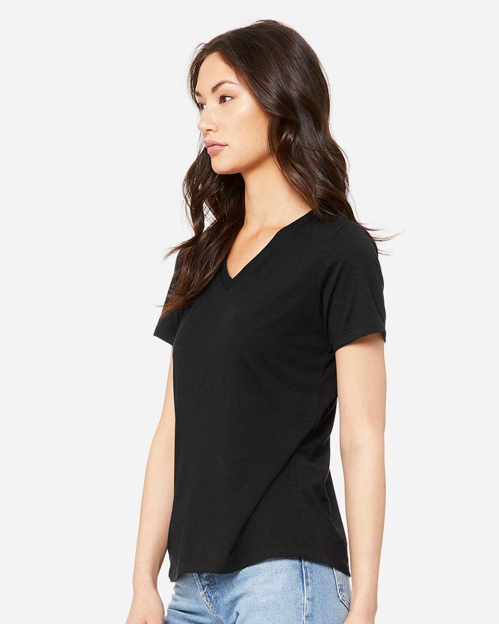 Women's Relaxed Triblend V-Neck Tee - OnModelSide - B81006503 - Solid Black Triblend