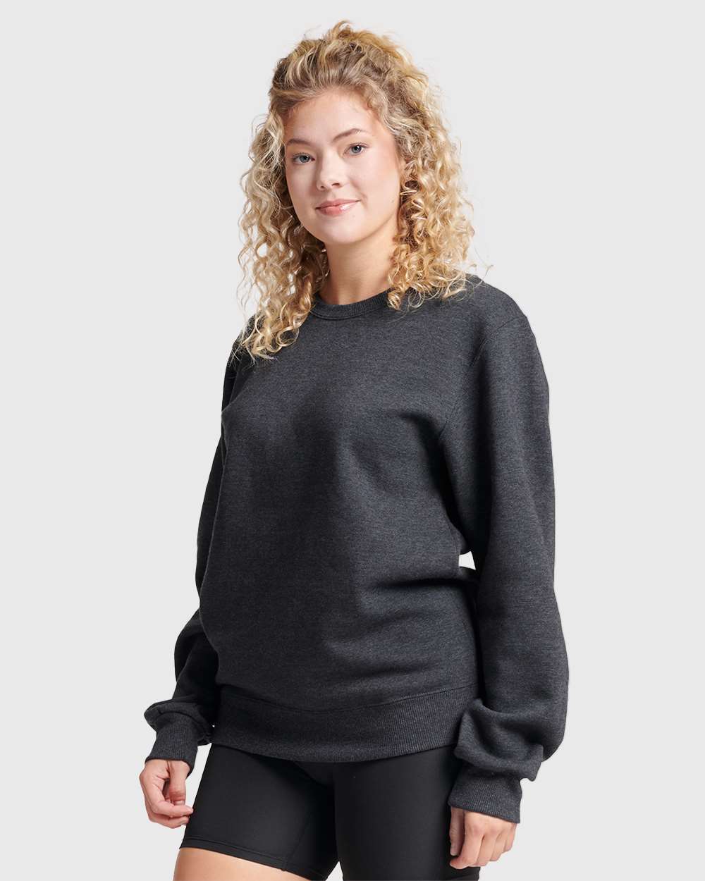 Unisex Eco™ Premium Blend Ring-Spun Crewneck Sweatshirt - OnModelSide - B12935103 - Black Ink Heather