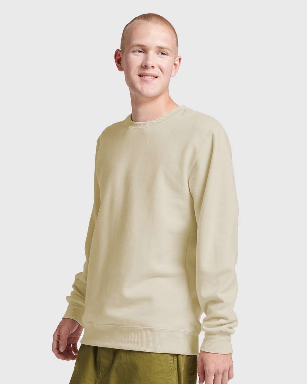 Unisex Eco™ Premium Blend Ring-Spun Crewneck Sweatshirt - OnModelSide - B12935232 - Sweet Cream Heather