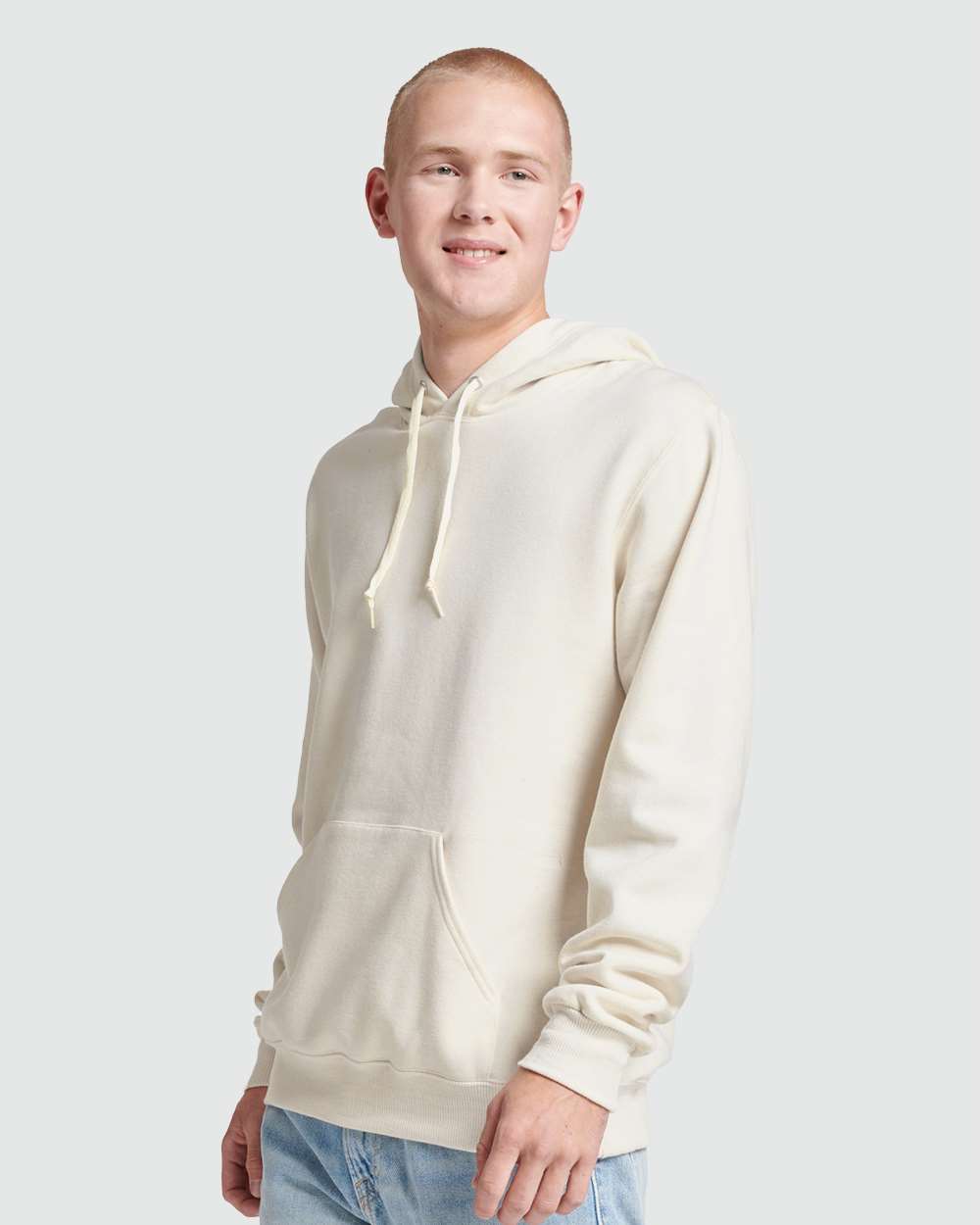 Unisex Eco™ Premium Blend Ring-Spun Hooded Sweatshirt - OnModelSide - B12235232 - Sweet Cream Heather