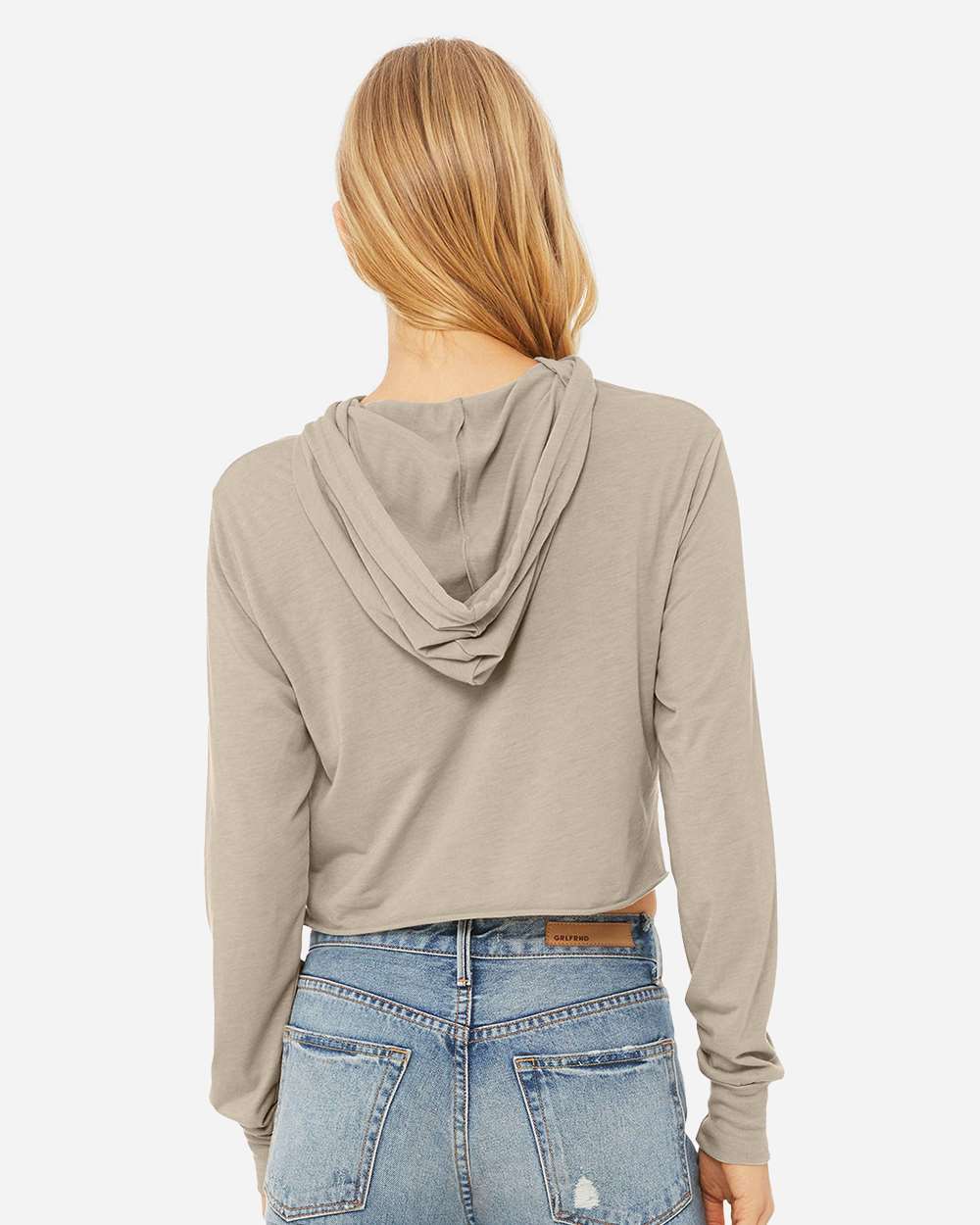 Women’s Triblend Crop Long Sleeve Hoodie - OnModelBack - B26606363 - Tan Triblend