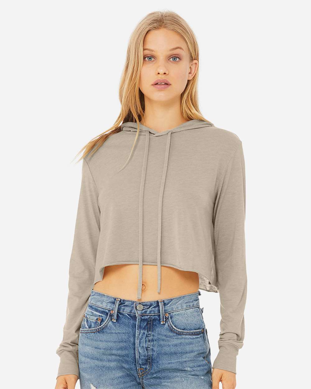 Women’s Triblend Crop Long Sleeve Hoodie - OnModelFront - B26606363 - Tan Triblend