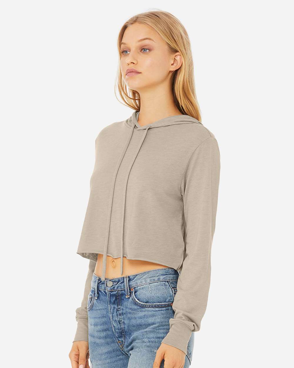 Women’s Triblend Crop Long Sleeve Hoodie - OnModelSide - B26606363 - Tan Triblend