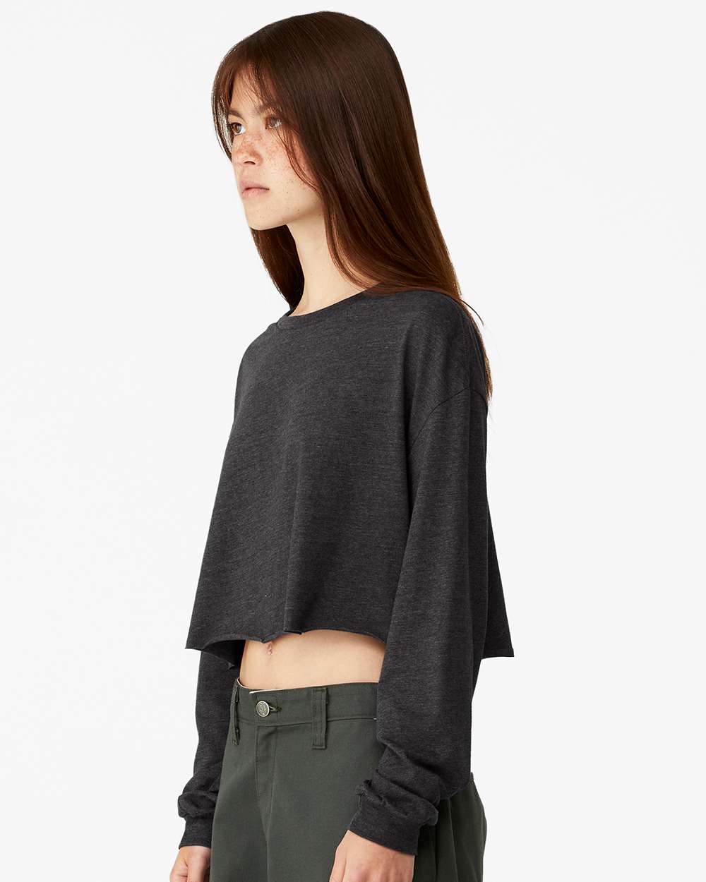 Women's FWD Fashion Crop Long Sleeve Tee - OnModelSide - B10306593 - Dark Grey Heather