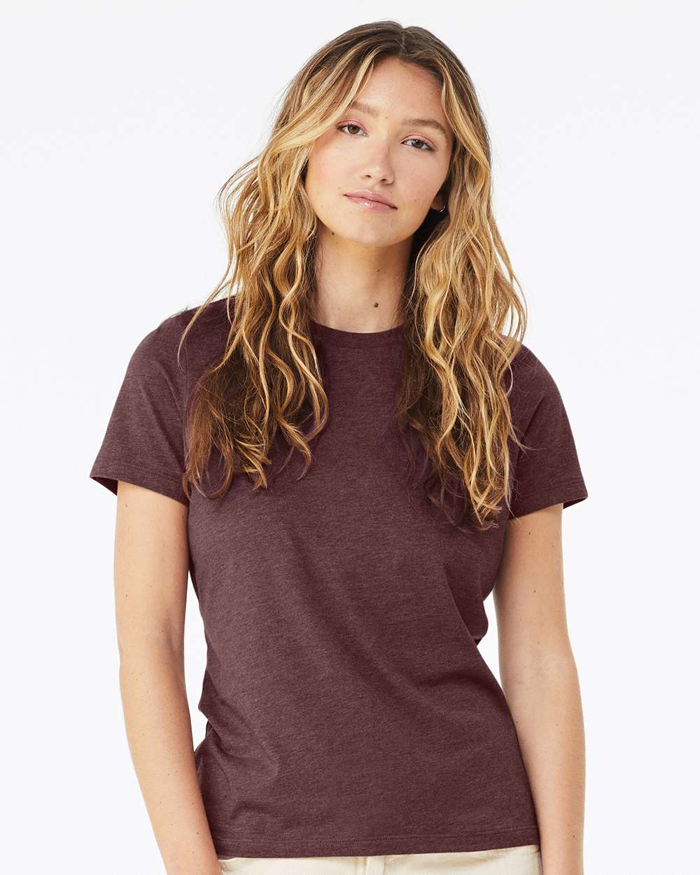 Women’s Relaxed Fit Heather CVC Tee - OnModelFront - B20506193 - Heather Maroon