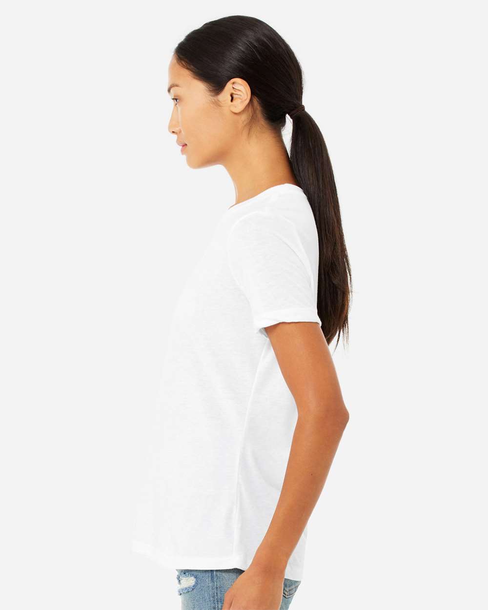 Women’s Relaxed Fit Heather CVC Tee - OnModelSide - B20506003 - Solid White Blend