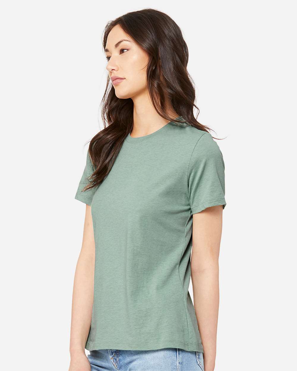 Women’s Relaxed Fit Heather CVC Tee - OnModelSide - B20506113 - Heather Prism Dusty Blue