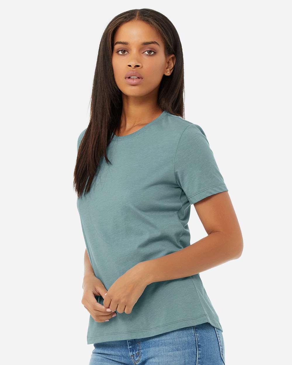 Women’s Relaxed Fit Heather CVC Tee - OnModelSide - B20506133 - Heather Blue Lagoon