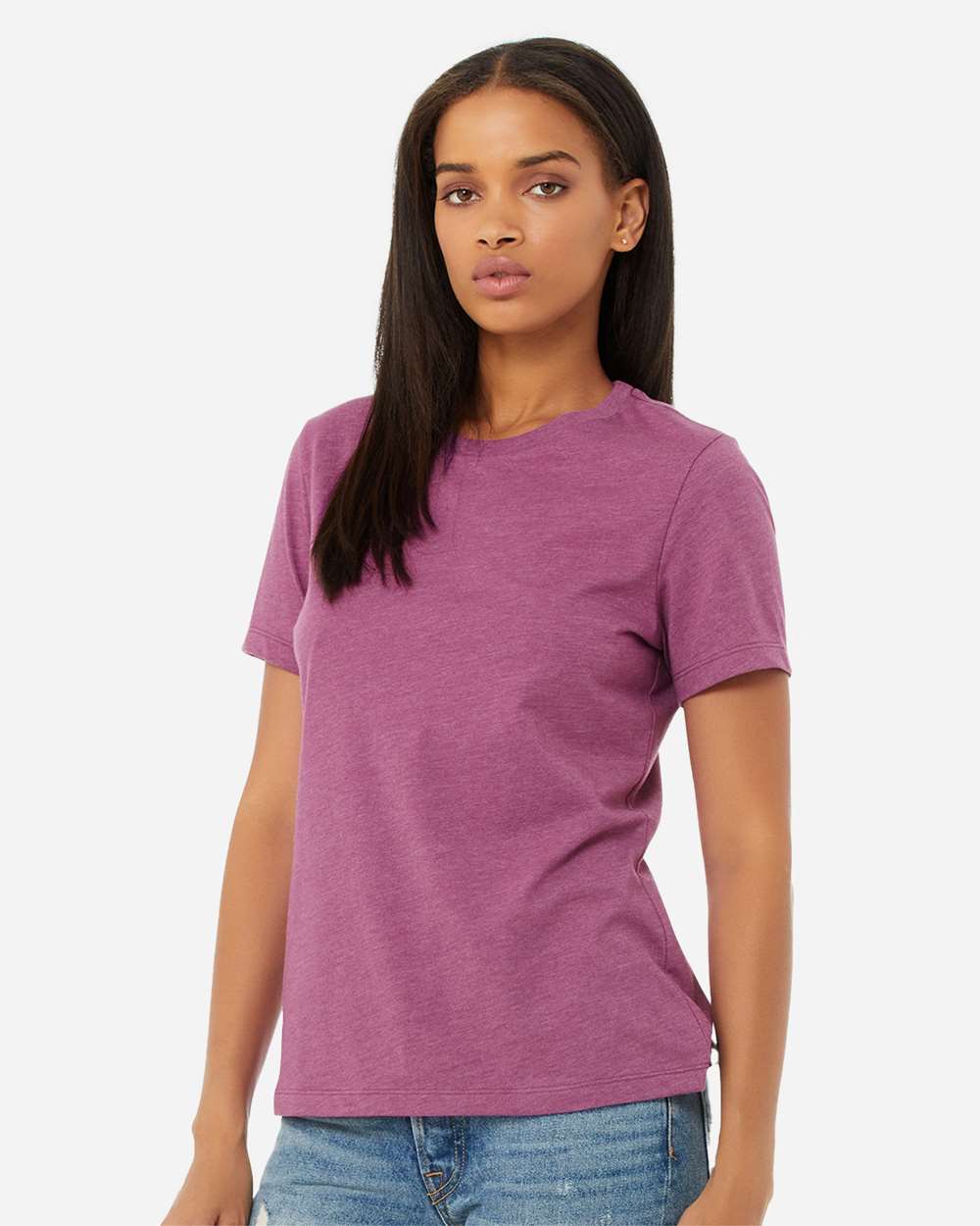 Women’s Relaxed Fit Heather CVC Tee - OnModelSide - B20506143 - Heather Magenta