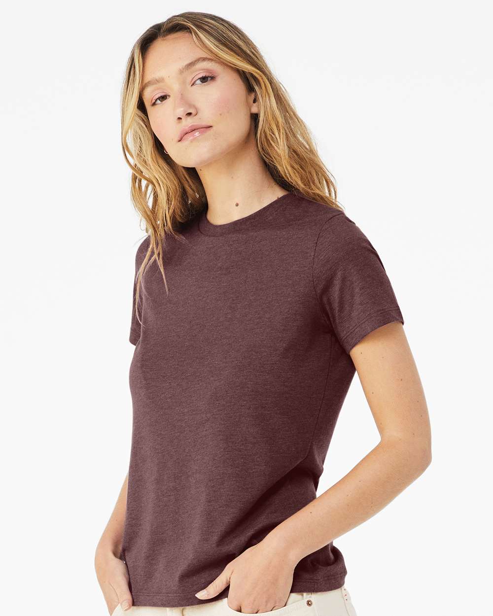 Women’s Relaxed Fit Heather CVC Tee - OnModelSide - B20506193 - Heather Maroon