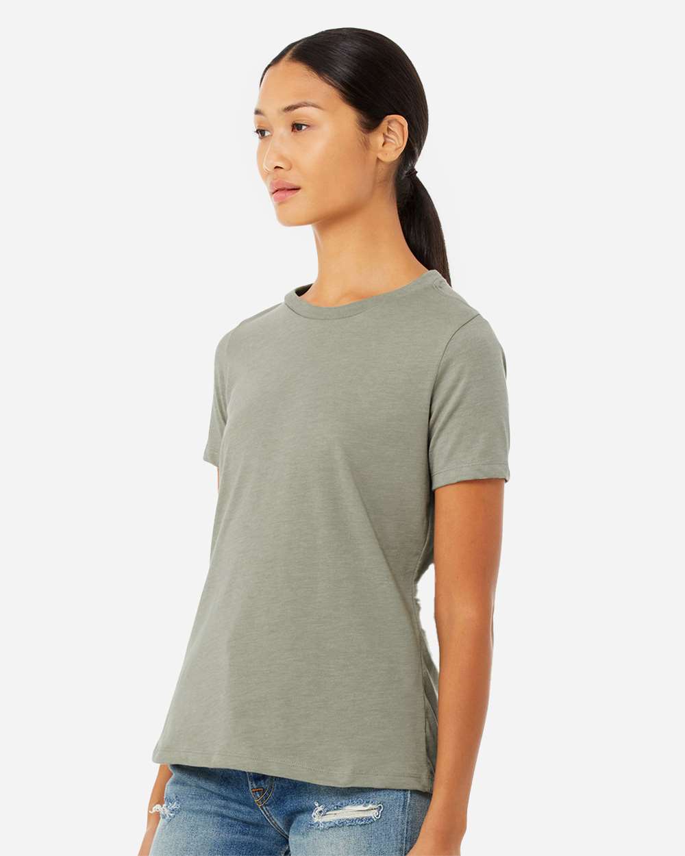 Women’s Relaxed Fit Heather CVC Tee - OnModelSide - B20506363 - Heather Stone
