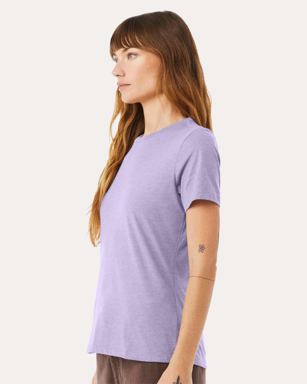 Women’s Relaxed Fit Heather CVC Tee - OnModelSide - B20506473 - Heather Dark Lavender