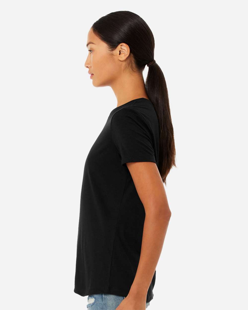 Women’s Relaxed Fit Heather CVC Tee - OnModelSide - B20506503 - Solid Black Blend
