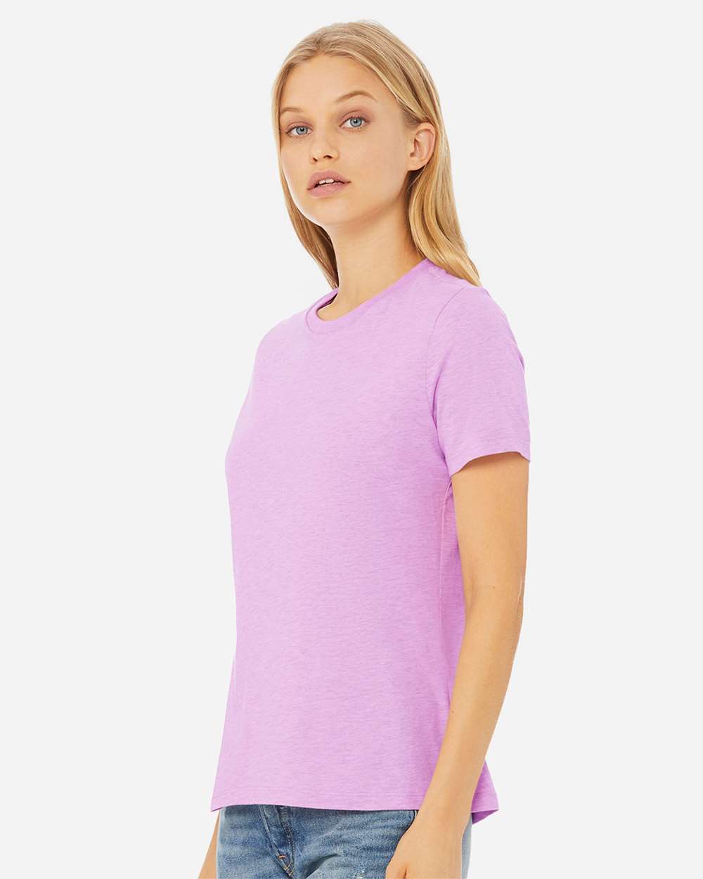 Women’s Relaxed Fit Heather CVC Tee - OnModelSide - B20506713 - Heather Prism Lilac